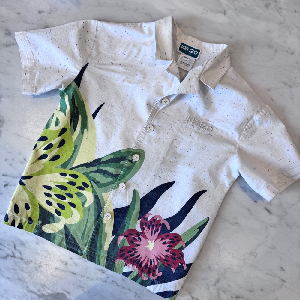 KENZO Kids' Printed Cotton Poplin button up Shirt In Sand Boys 6 colorful floral